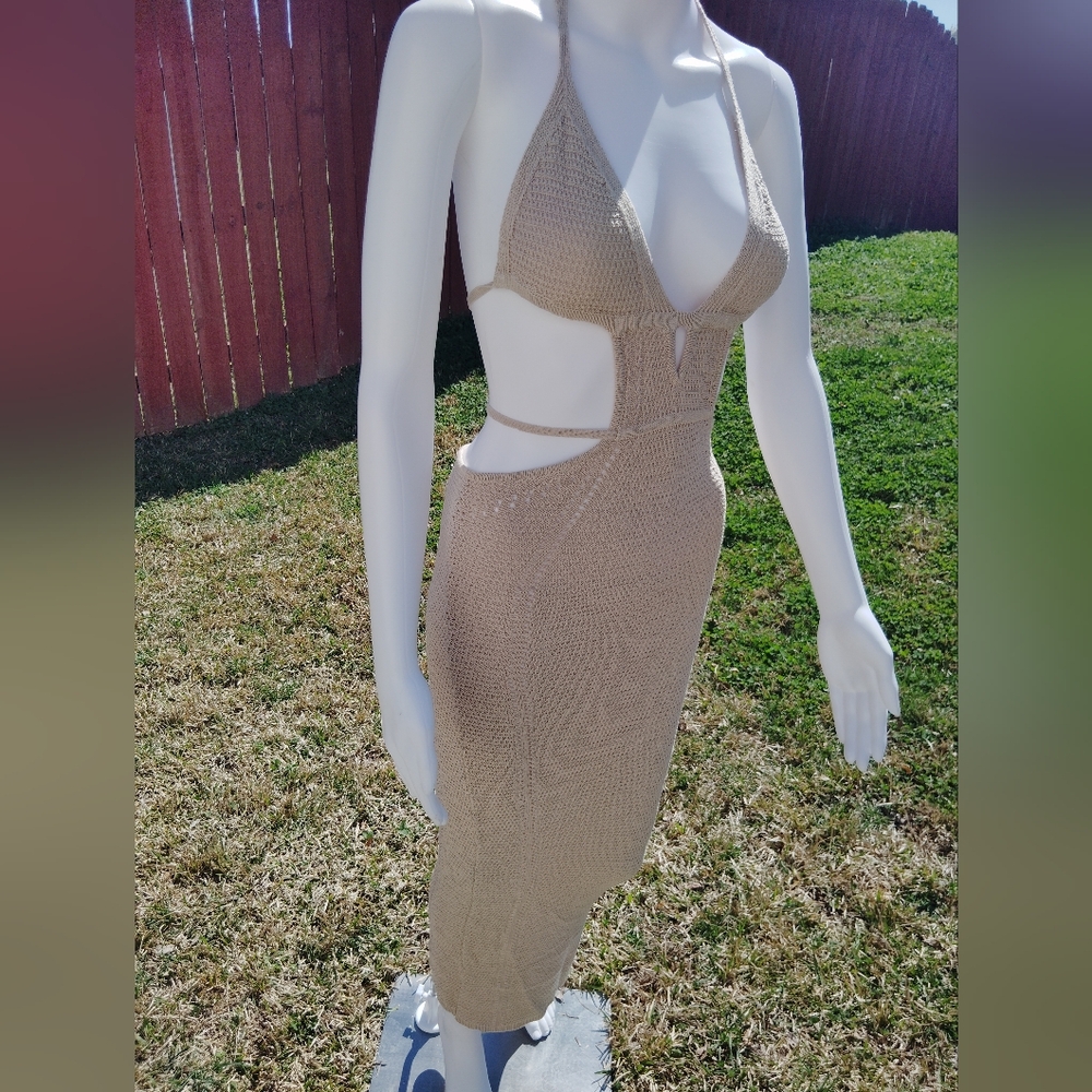 SHEIN Tan Crochet Halter Dress